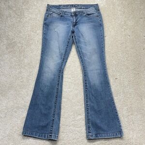 Industrial Cotton Flare Jeans Womens 9 Blue Low Rise Fleur De Lis Embroidered